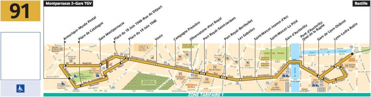 Map of bus Paris line 91